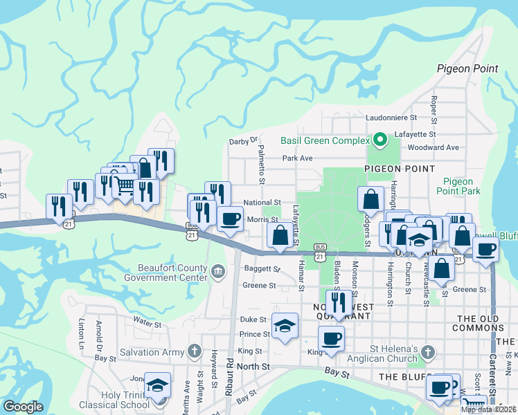 map of restaurants, bars, coffee shops, grocery stores, and more near 2208 National Street in Beaufort