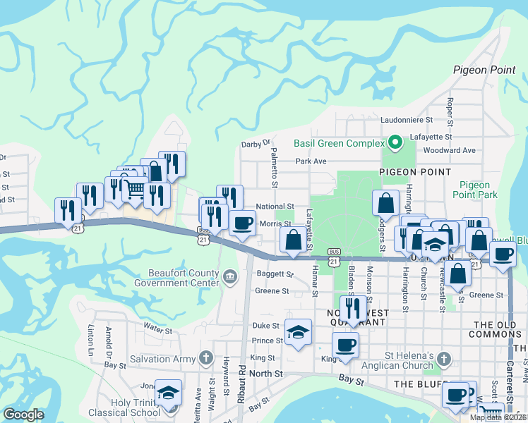 map of restaurants, bars, coffee shops, grocery stores, and more near 2208 National Street in Beaufort