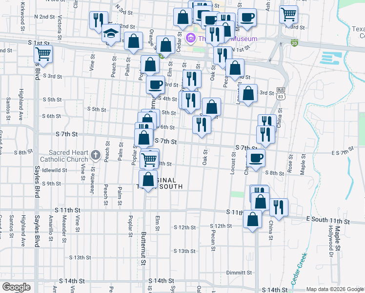 map of restaurants, bars, coffee shops, grocery stores, and more near 1025 South 7th Street in Abilene