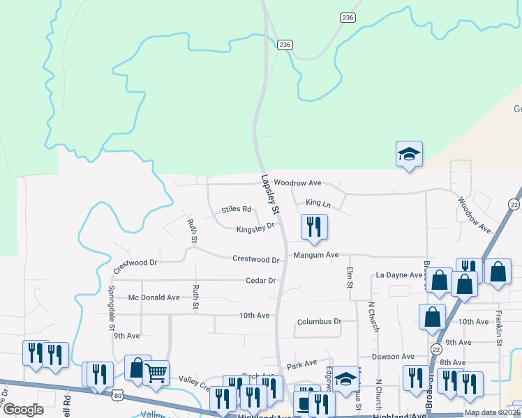 map of restaurants, bars, coffee shops, grocery stores, and more near 415 Stiles Road in Selma
