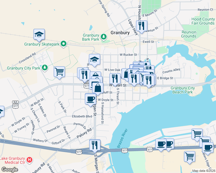 map of restaurants, bars, coffee shops, grocery stores, and more near 509 W Pearl St in Granbury