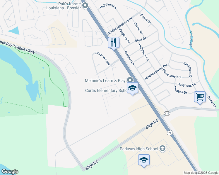 map of restaurants, bars, coffee shops, grocery stores, and more near 1832 Andy Circle in Bossier City