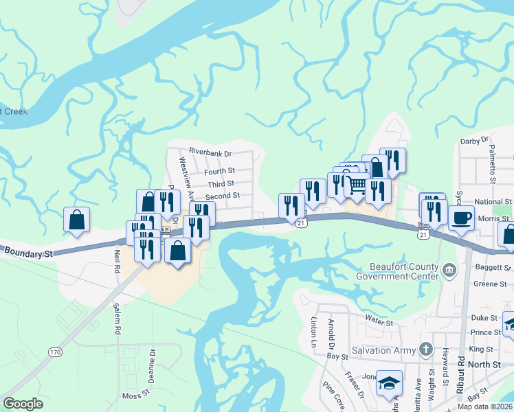 map of restaurants, bars, coffee shops, grocery stores, and more near 2249 Boundary Street in Beaufort