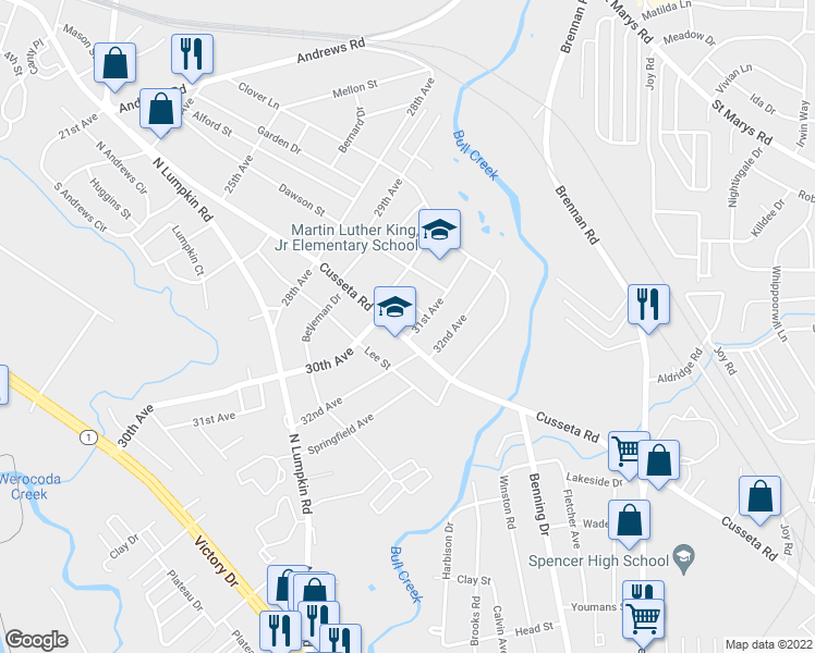 map of restaurants, bars, coffee shops, grocery stores, and more near 3027 Cusseta Road in Columbus