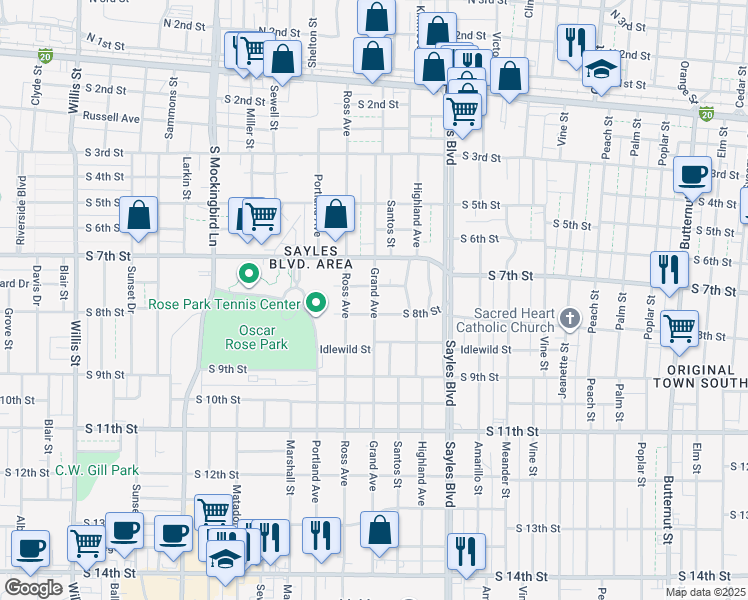 map of restaurants, bars, coffee shops, grocery stores, and more near 774 Grand Avenue in Abilene
