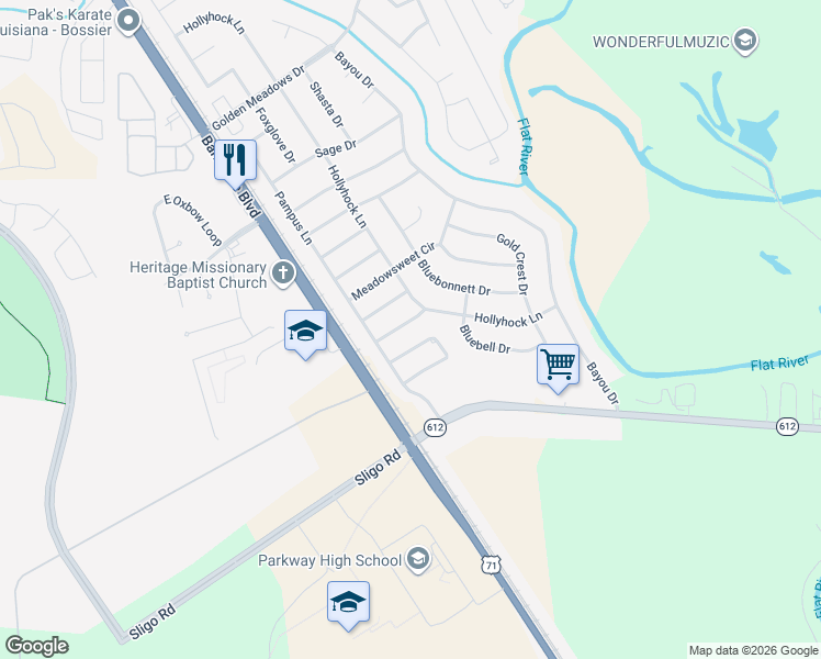 map of restaurants, bars, coffee shops, grocery stores, and more near 5312 Lucerne Lane in Bossier City