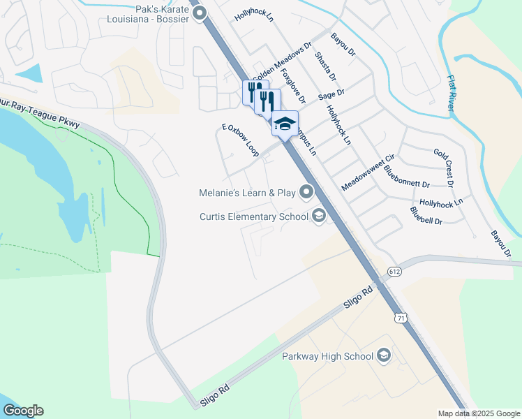 map of restaurants, bars, coffee shops, grocery stores, and more near 1832 Andy Circle in Bossier City