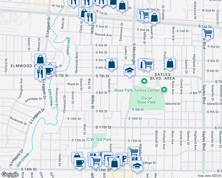 map of restaurants, bars, coffee shops, grocery stores, and more near 790 Sunset Drive in Abilene