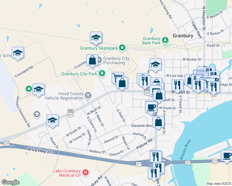 map of restaurants, bars, coffee shops, grocery stores, and more near 1111 West Pearl Street in Granbury