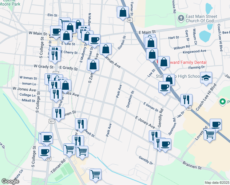 map of restaurants, bars, coffee shops, grocery stores, and more near 307 Park Avenue in Statesboro