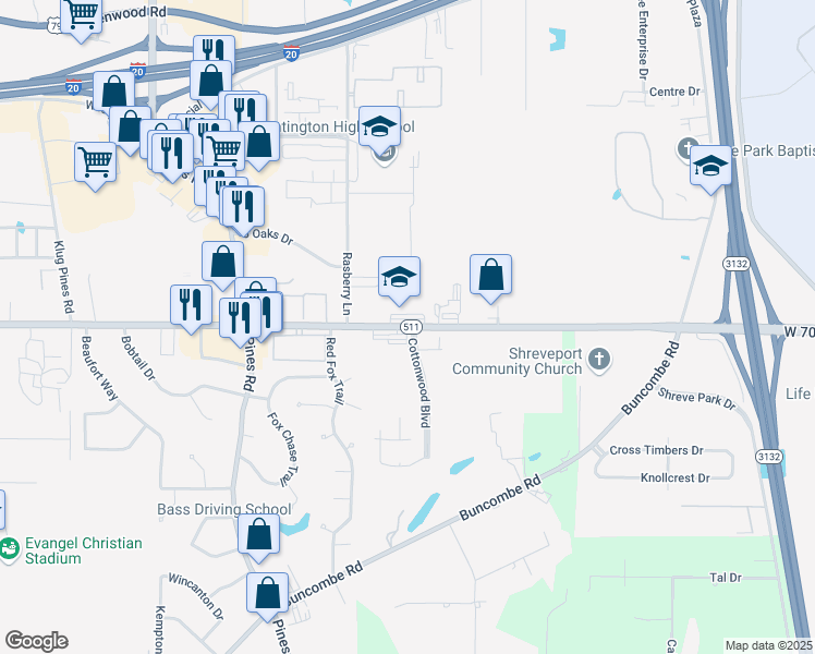 map of restaurants, bars, coffee shops, grocery stores, and more near 5904 West 70th Street in Shreveport