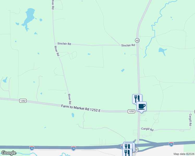 map of restaurants, bars, coffee shops, grocery stores, and more near 3611 River Road in Kilgore