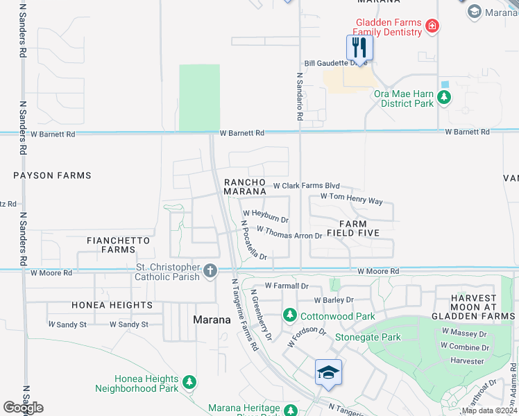 map of restaurants, bars, coffee shops, grocery stores, and more near 11918 West Heyburn Drive in Marana
