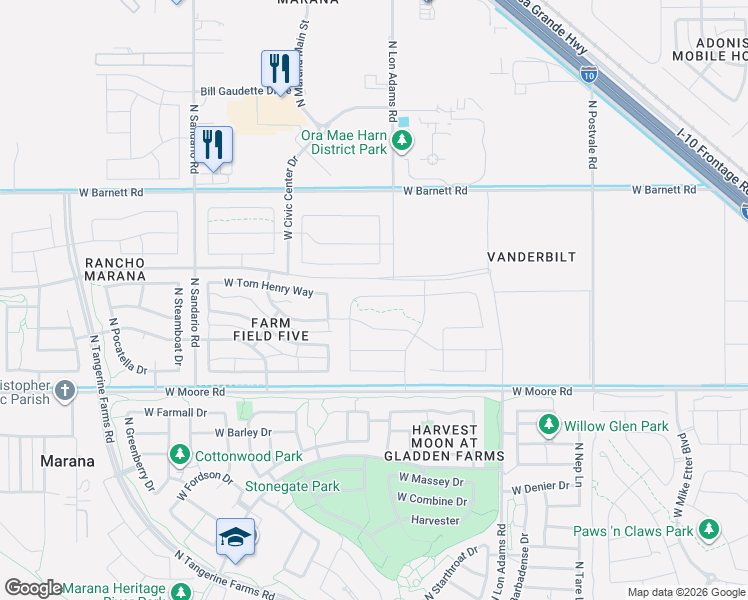 map of restaurants, bars, coffee shops, grocery stores, and more near 11449 West Pasture Road in Marana