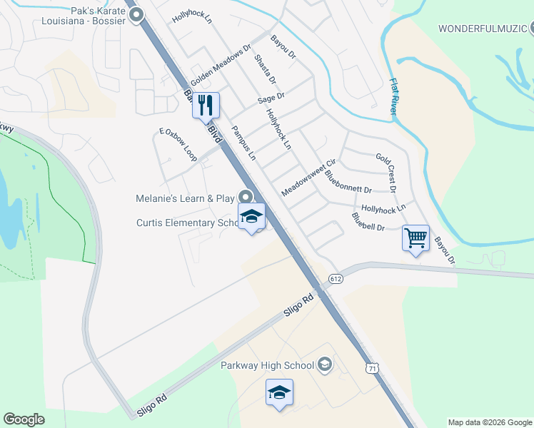 map of restaurants, bars, coffee shops, grocery stores, and more near 5600 Barksdale Boulevard in Bossier City
