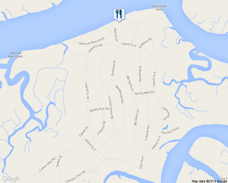 map of restaurants, bars, coffee shops, grocery stores, and more near 354 Westbrook Road in Saint Helena Island