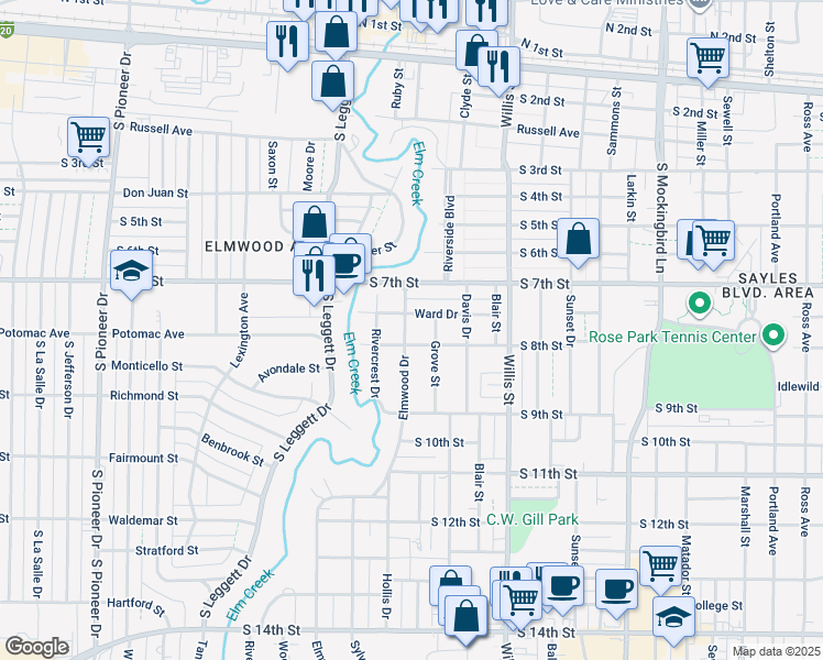 map of restaurants, bars, coffee shops, grocery stores, and more near 773 Elmwood Drive in Abilene