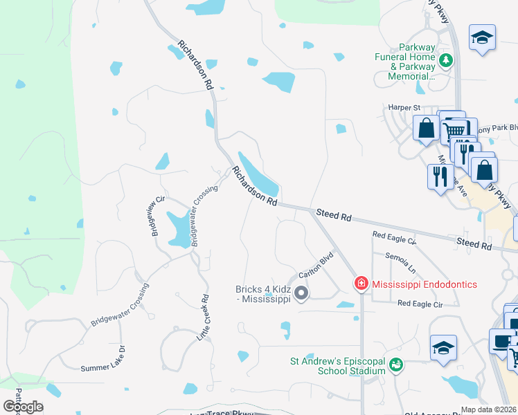 map of restaurants, bars, coffee shops, grocery stores, and more near 309 Hillview Drive in Ridgeland