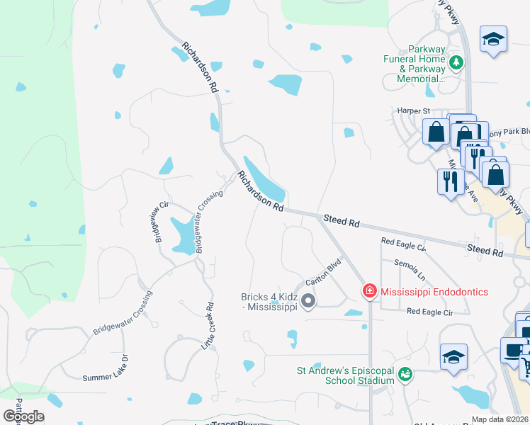 map of restaurants, bars, coffee shops, grocery stores, and more near 309 Hillview Drive in Ridgeland