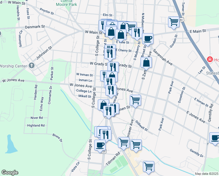 map of restaurants, bars, coffee shops, grocery stores, and more near 2 East Jones Avenue in Statesboro
