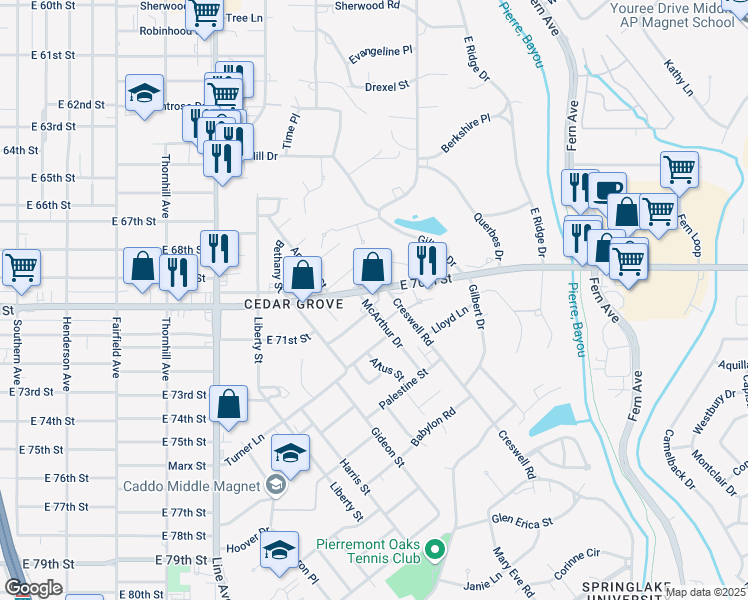map of restaurants, bars, coffee shops, grocery stores, and more near 934 East 70th Street in Shreveport