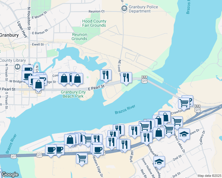 map of restaurants, bars, coffee shops, grocery stores, and more near 101,119 Market Street in Granbury