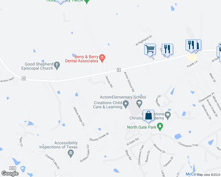 map of restaurants, bars, coffee shops, grocery stores, and more near 2812 James Road in Granbury