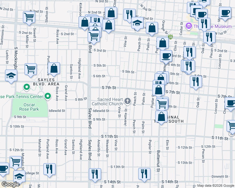 map of restaurants, bars, coffee shops, grocery stores, and more near 734 Vine Street in Abilene