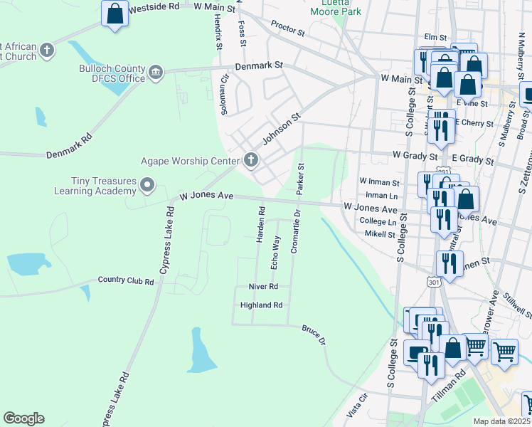 map of restaurants, bars, coffee shops, grocery stores, and more near 104 Harden Road in Statesboro