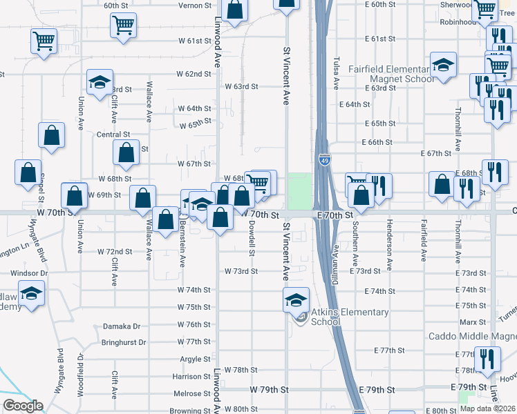 map of restaurants, bars, coffee shops, grocery stores, and more near 226 West 70th Street in Shreveport