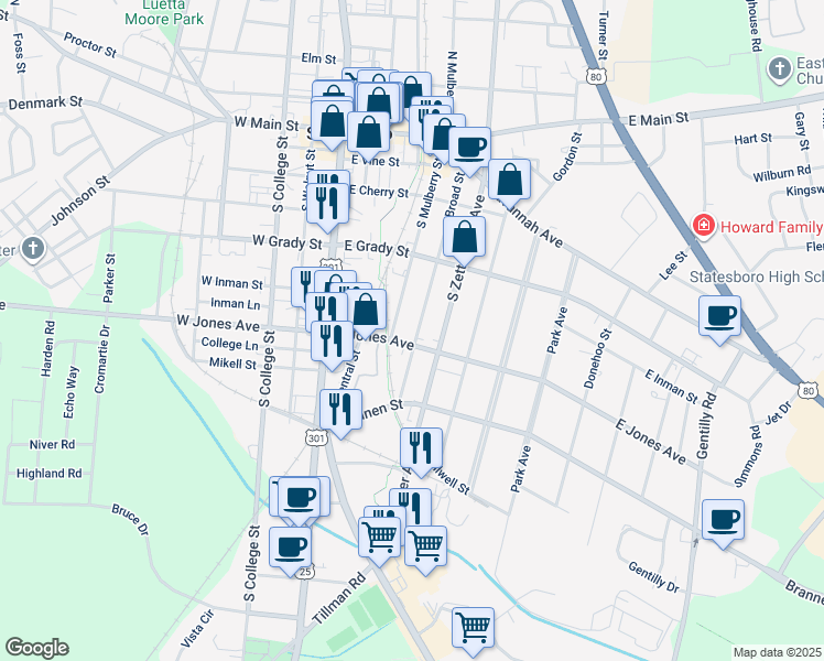 map of restaurants, bars, coffee shops, grocery stores, and more near 225 Broad Street in Statesboro