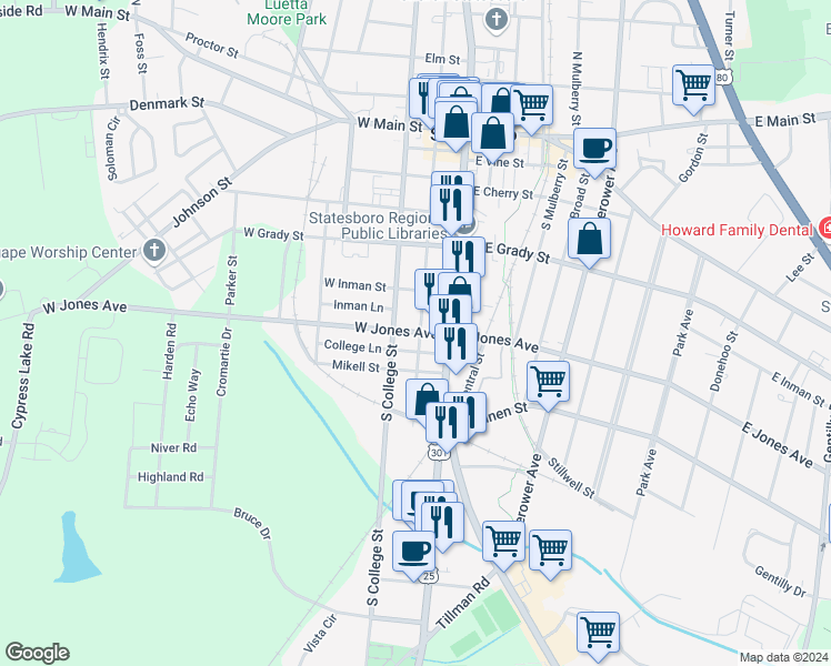 map of restaurants, bars, coffee shops, grocery stores, and more near 24 West Jones Avenue in Statesboro