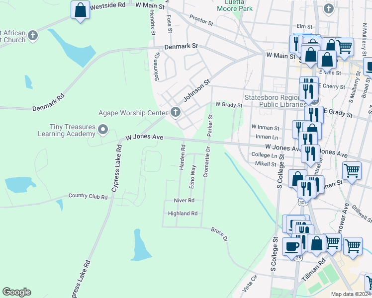map of restaurants, bars, coffee shops, grocery stores, and more near 109 Harden Road in Statesboro