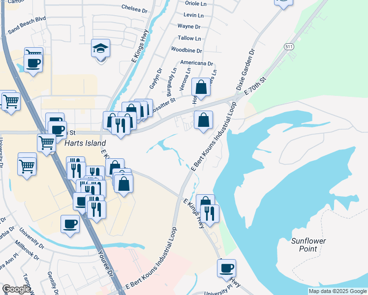 map of restaurants, bars, coffee shops, grocery stores, and more near 2222 East Bert Kouns Industrial Loop in Shreveport