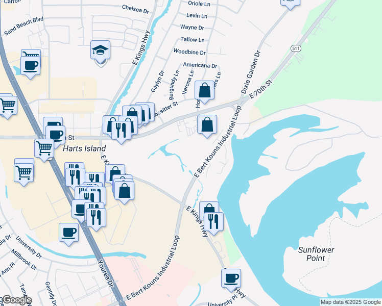 map of restaurants, bars, coffee shops, grocery stores, and more near 2222 West Bert Kouns Industrial Loop in Shreveport