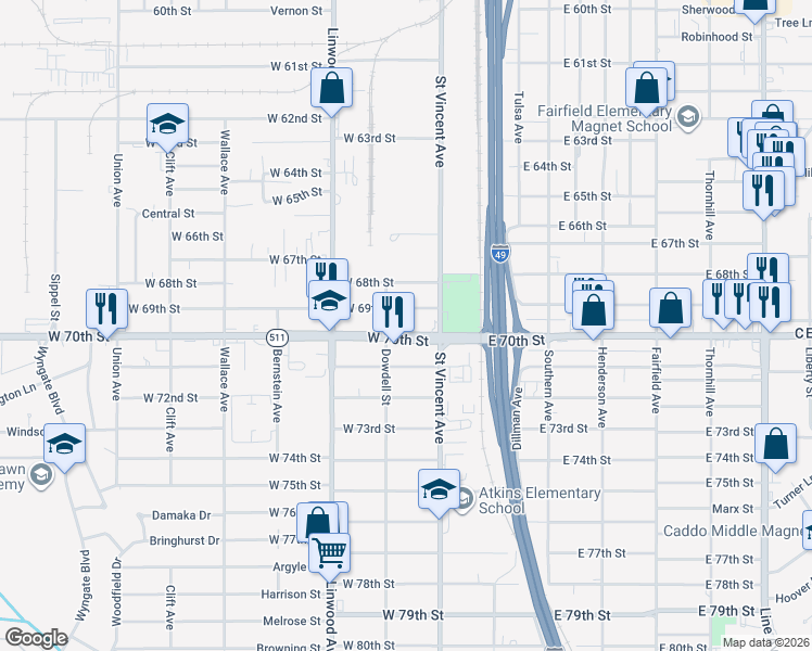map of restaurants, bars, coffee shops, grocery stores, and more near 226 W 70th St in Shreveport