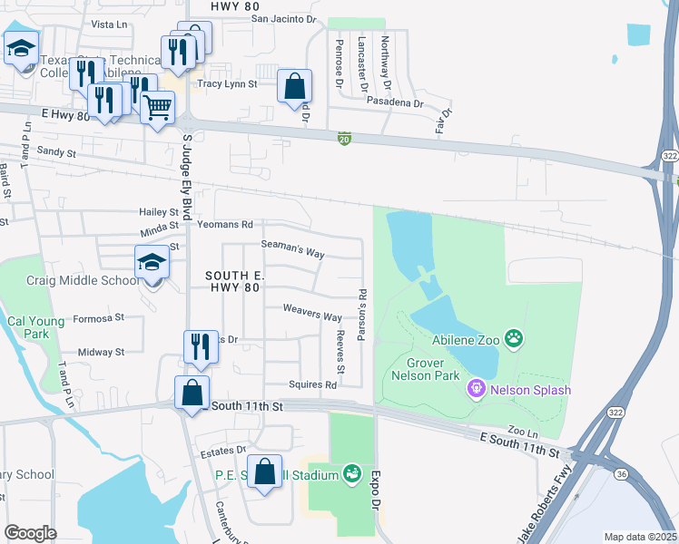 map of restaurants, bars, coffee shops, grocery stores, and more near 1518 Sir Thopas Court in Abilene