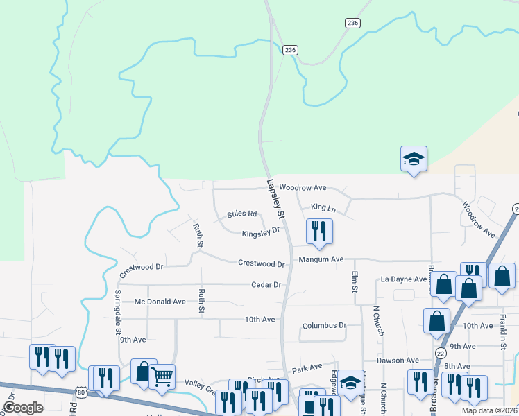 map of restaurants, bars, coffee shops, grocery stores, and more near 415 Stiles Road in Selma