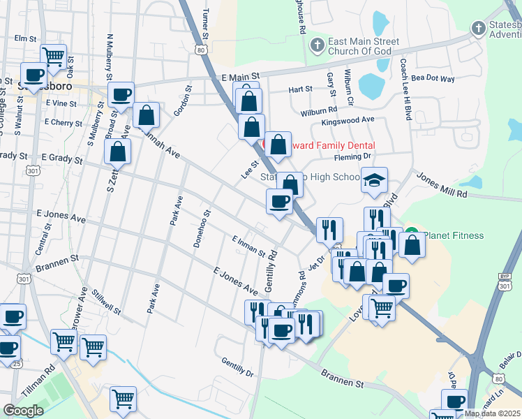 map of restaurants, bars, coffee shops, grocery stores, and more near 362 Savannah Avenue in Statesboro
