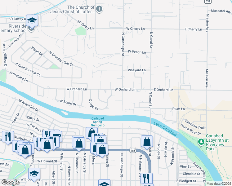map of restaurants, bars, coffee shops, grocery stores, and more near 601 West Orchard Lane in Carlsbad