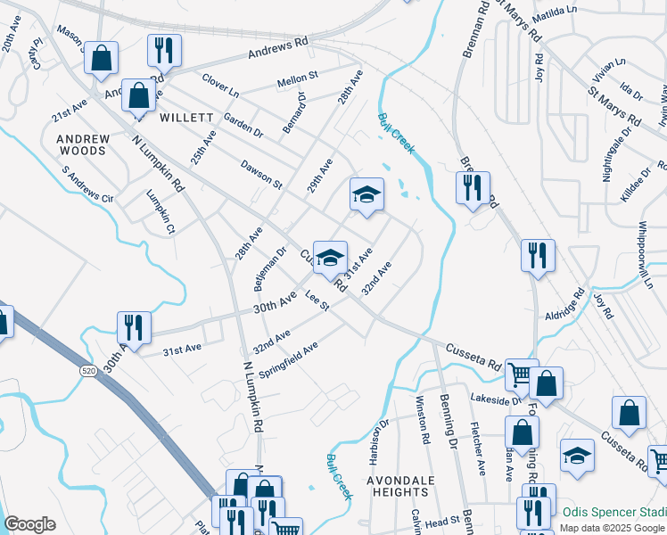 map of restaurants, bars, coffee shops, grocery stores, and more near 3027 Cusseta Road in Columbus