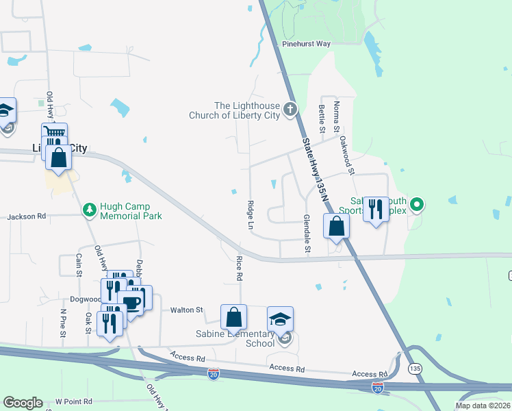 map of restaurants, bars, coffee shops, grocery stores, and more near 418 Ridge Ln in Kilgore