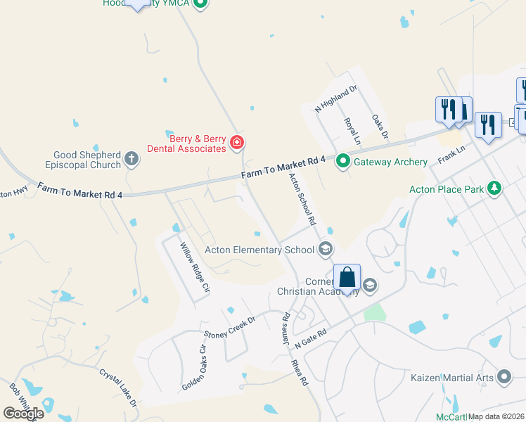 map of restaurants, bars, coffee shops, grocery stores, and more near 2814 James Road in Granbury