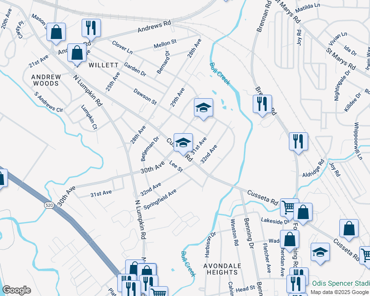 map of restaurants, bars, coffee shops, grocery stores, and more near 3027 Cusseta Road in Columbus