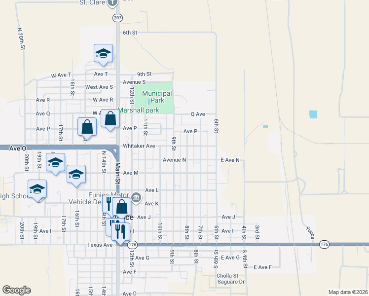 map of restaurants, bars, coffee shops, grocery stores, and more near 1401-1499 8th Street in Eunice