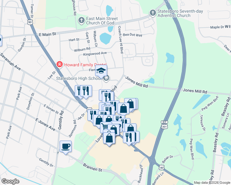 map of restaurants, bars, coffee shops, grocery stores, and more near 25 Coach Lee Hill Boulevard in Statesboro