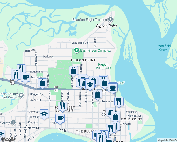 map of restaurants, bars, coffee shops, grocery stores, and more near 1315 Church Street in Beaufort