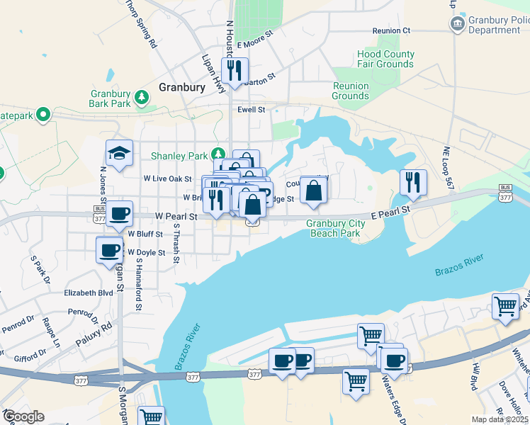 map of restaurants, bars, coffee shops, grocery stores, and more near 621 East State Loop 426 in Granbury