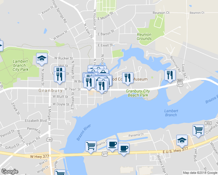 map of restaurants, bars, coffee shops, grocery stores, and more near 226 E State Loop 426 in Granbury