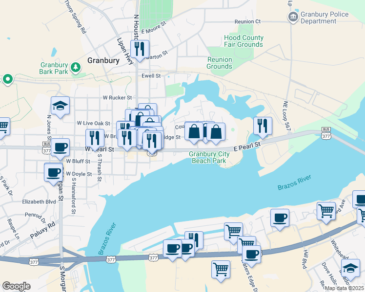 map of restaurants, bars, coffee shops, grocery stores, and more near 401 East State Loop 426 in Granbury